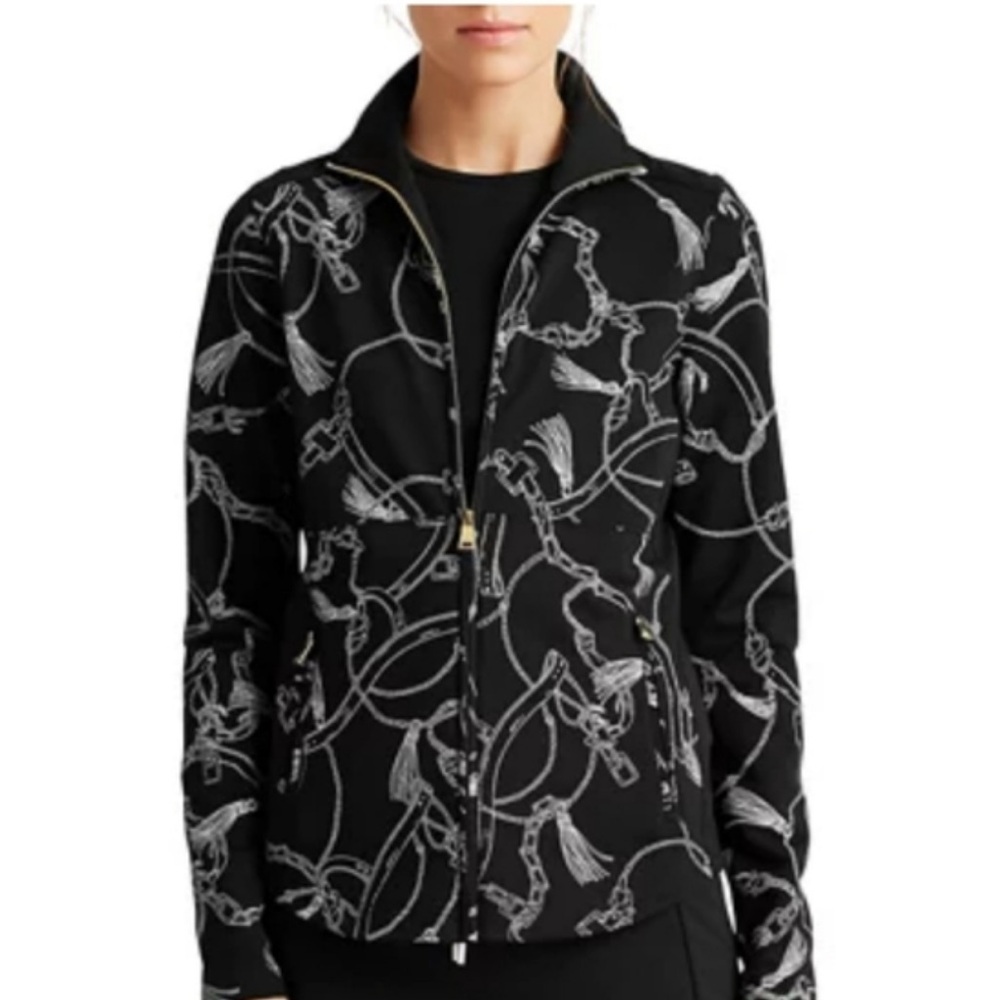 Lauren Ralph Lauren Black White Cotton Blend Stirrup Chain-Print Jacket NWOT S/P